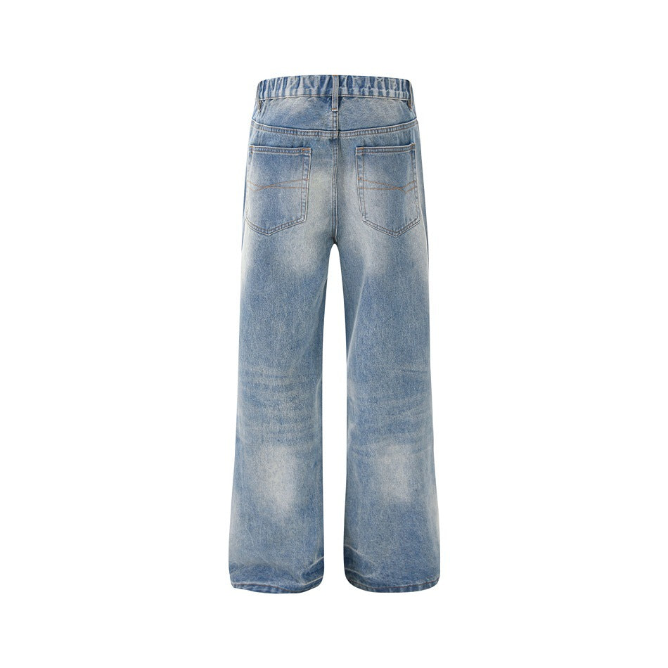 Back view of light blue faded wide-leg jeans with two rear pockets and an elastic waistband.