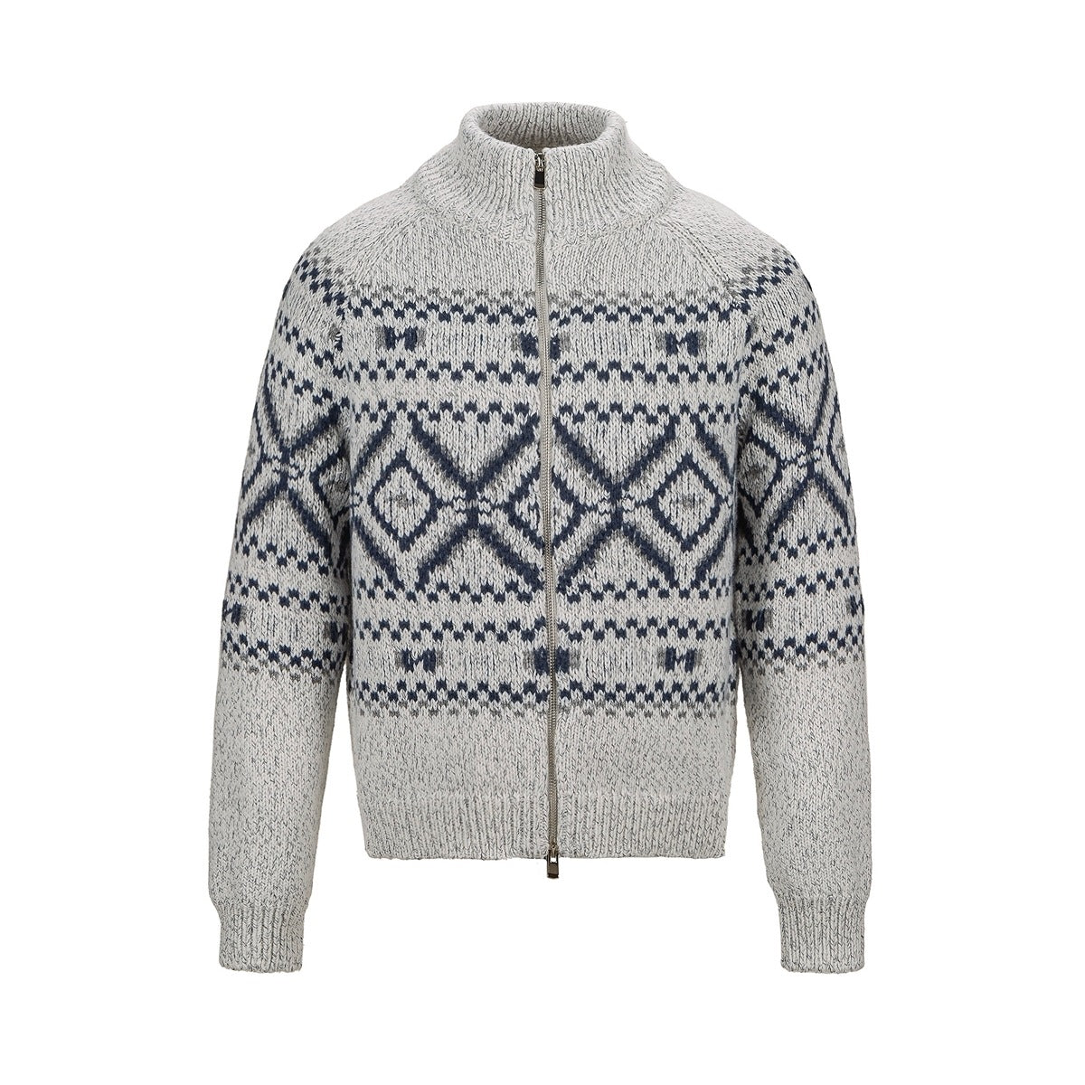Gray full-zip knit cardigan with stand collar and navy Fair Isle-style pattern on a plain white background