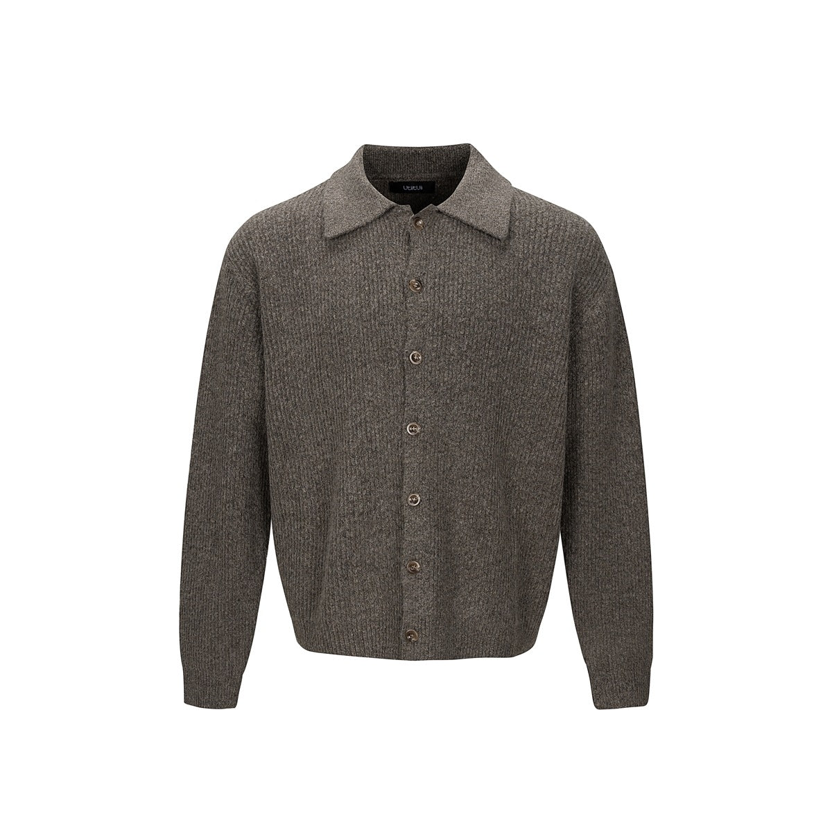 Brown ribbed-knit button-front cardigan with pointed collar, front view on white background