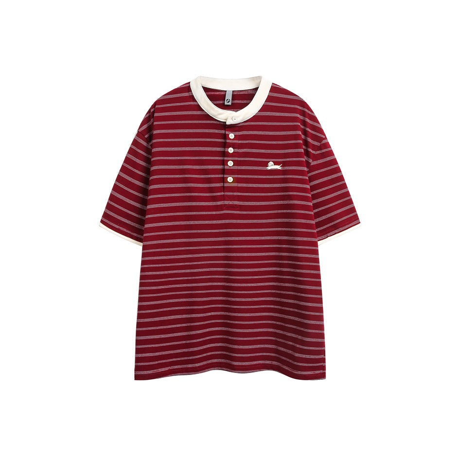 Burgundy striped short-sleeve Henley T-shirt with cream collar and sleeve trim and a small embroidered chest logo