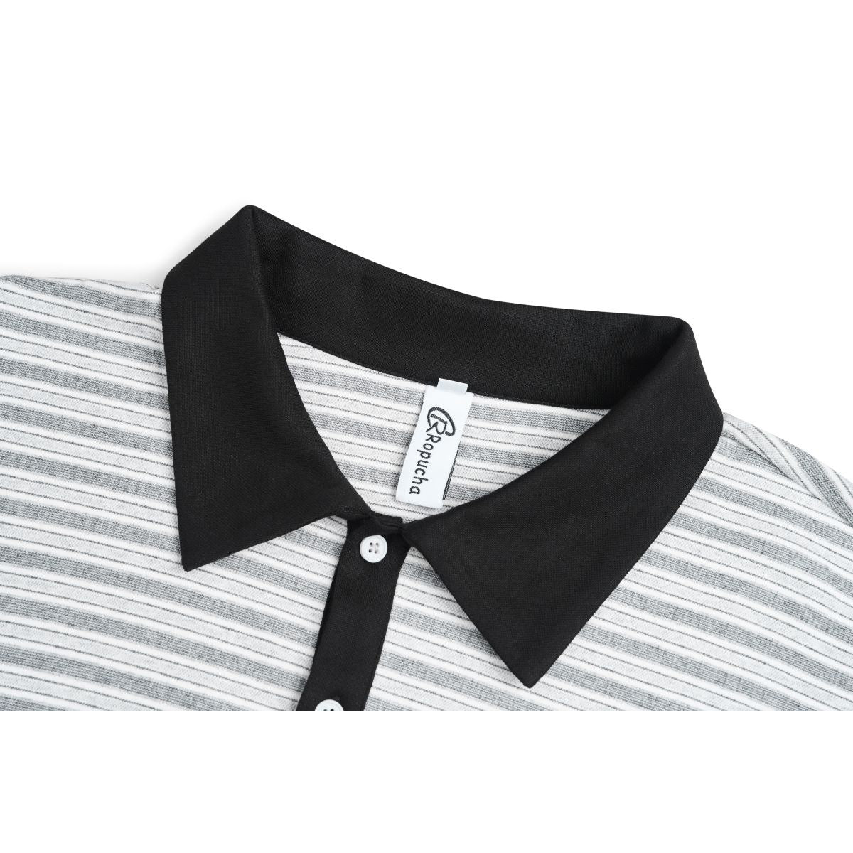 Close-up of a gray-and-white striped polo shirt with a black collar, button placket, and neck label.