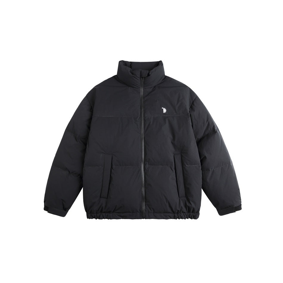 Black puffer jacket flat lay with stand collar, front zipper, two front pockets and elastic hem