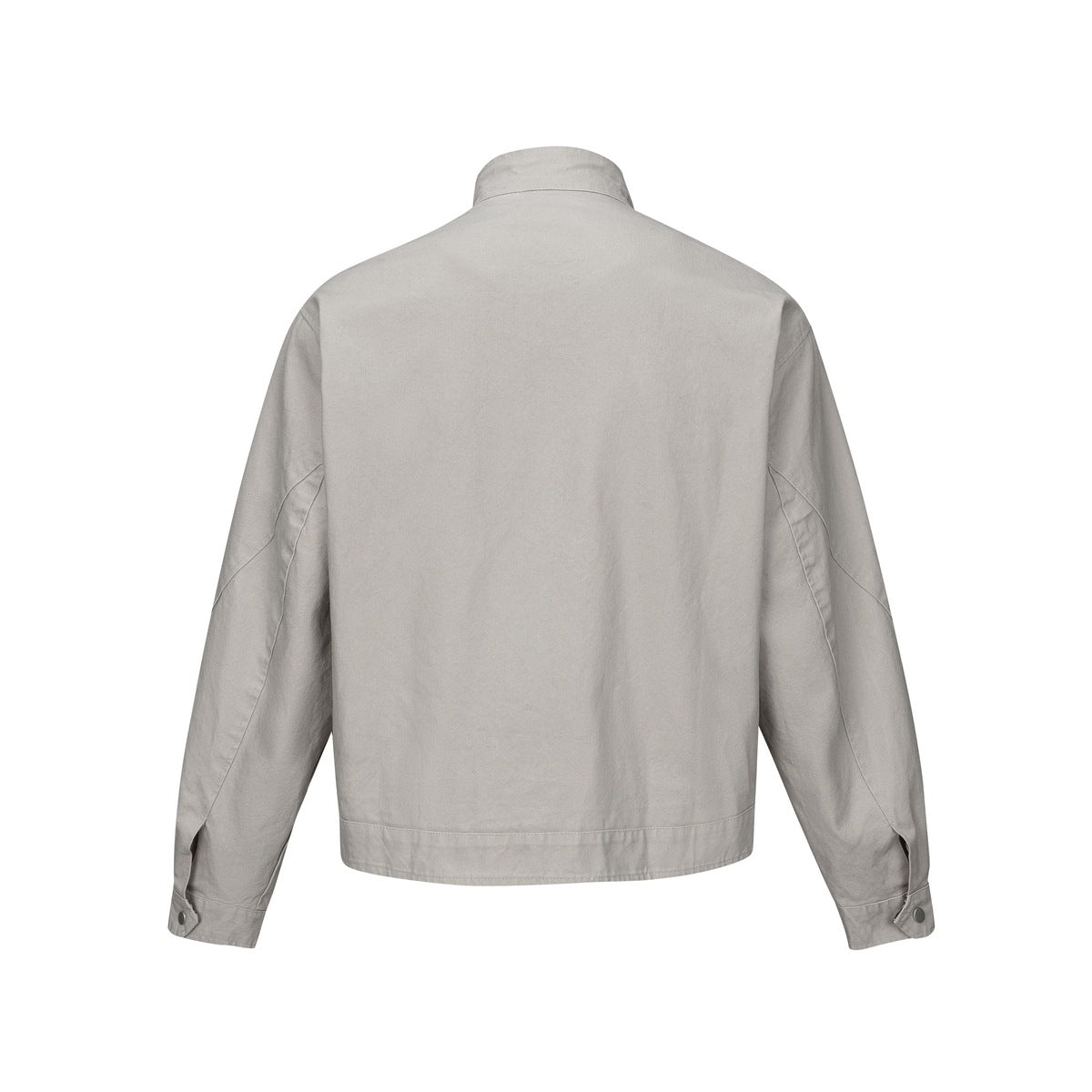 Back view of a light gray stand-collar jacket with long sleeves and snap cuffs.