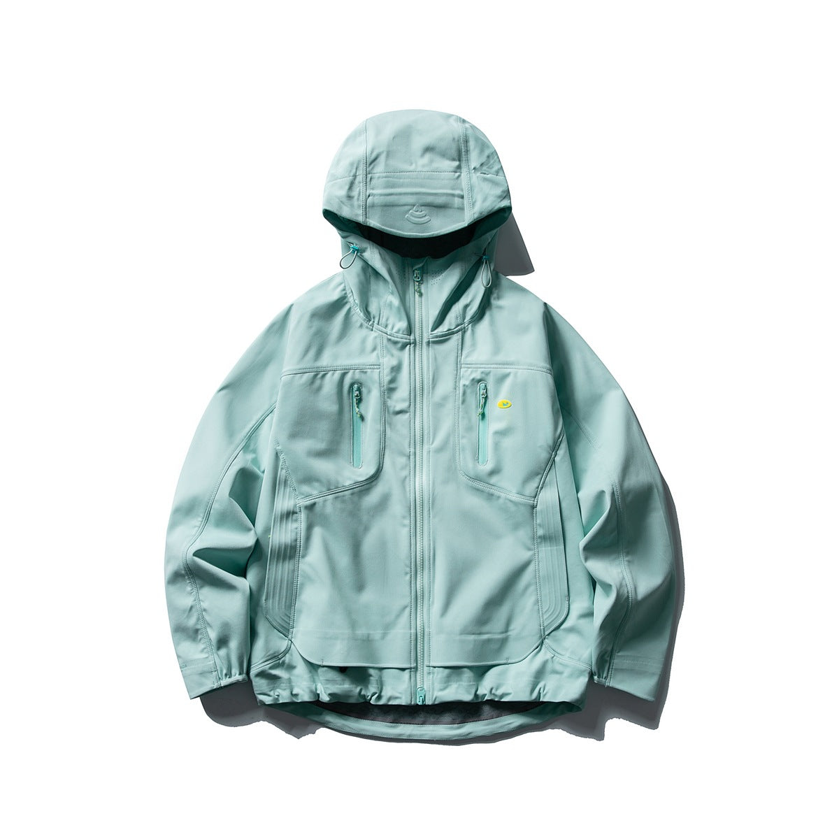 Mint green hooded zip jacket with zipped chest pockets, side panels and a curved layered hem, flat lay