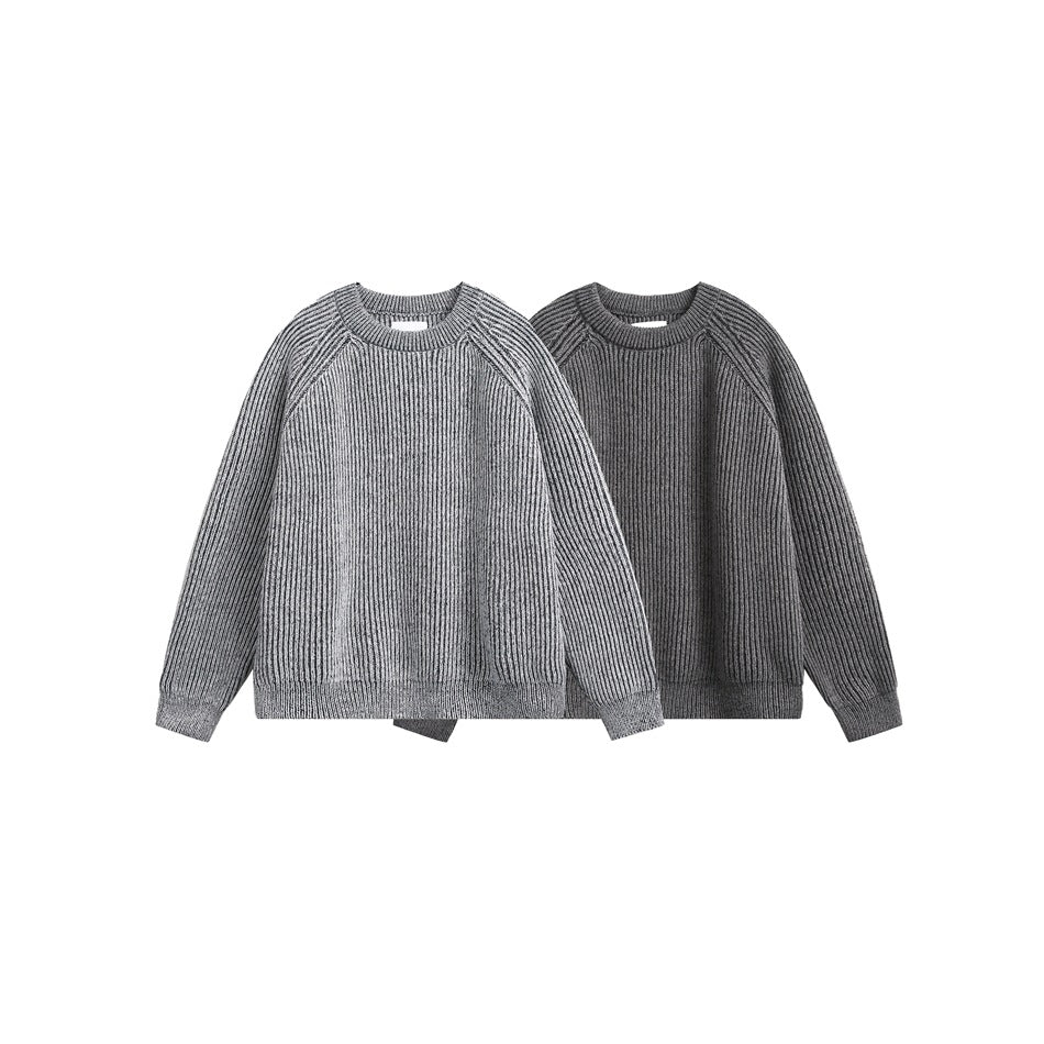 Two ribbed crewneck sweaters with raglan sleeves shown together in light gray and dark charcoal.