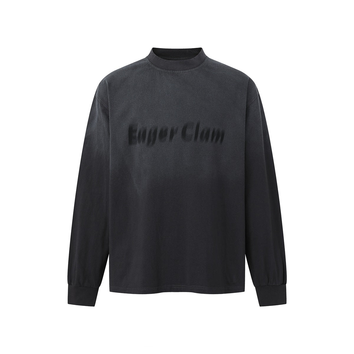 Faded charcoal gray long-sleeve top with mock round neck, ribbed cuffs and blurred dark chest graphic, flat front view