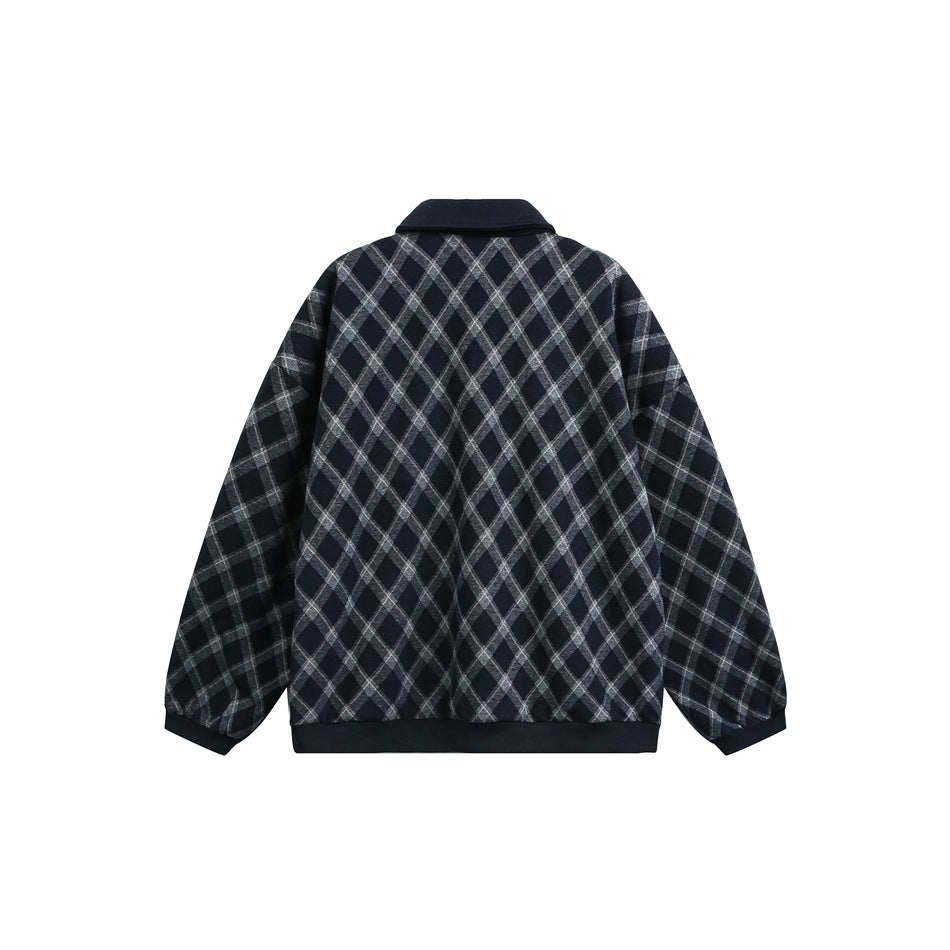 Back view of a navy collared jacket with a gray diamond plaid pattern and solid navy cuffs and hem.