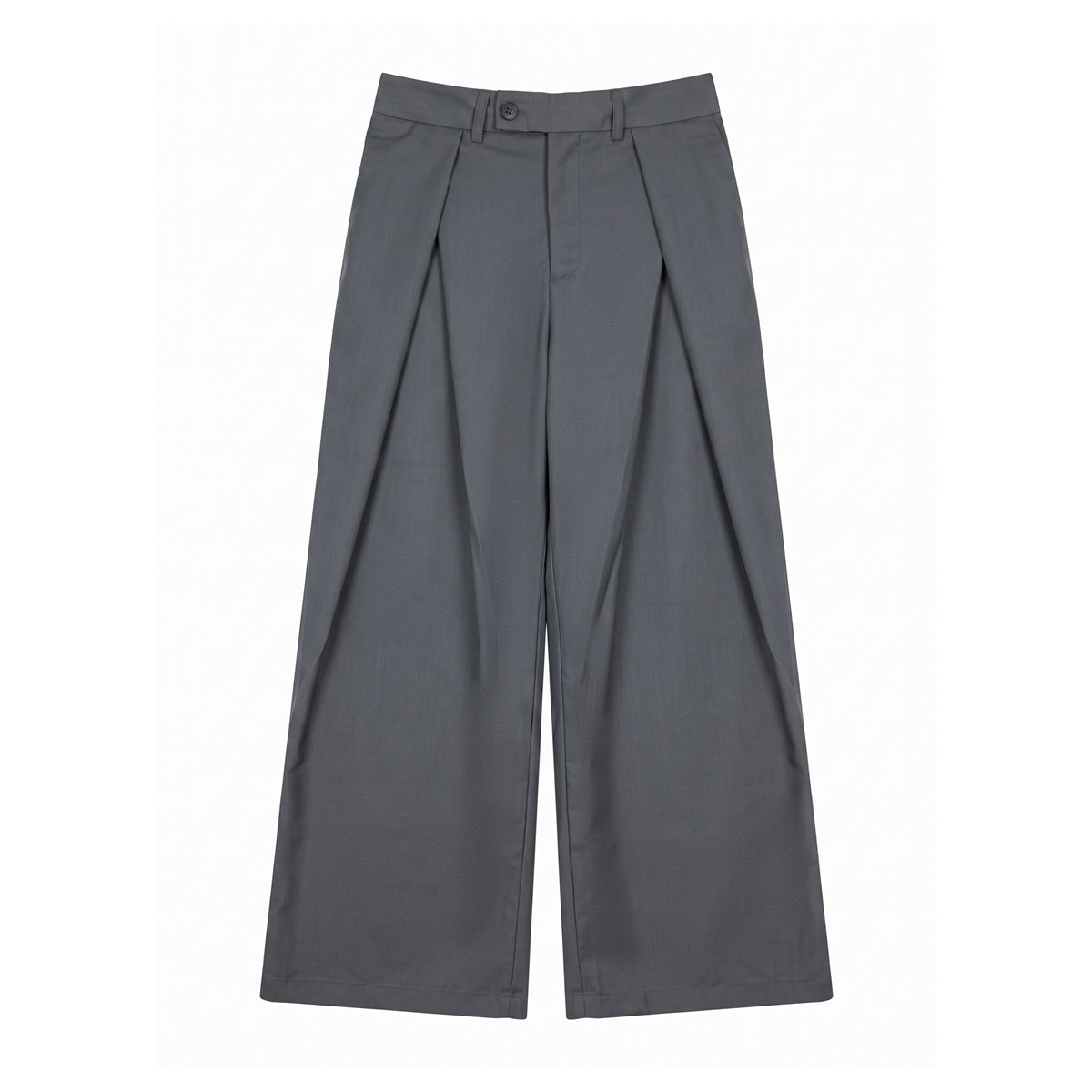 Gray wide-leg pleated trousers flat lay, front view with button closure and belt loops