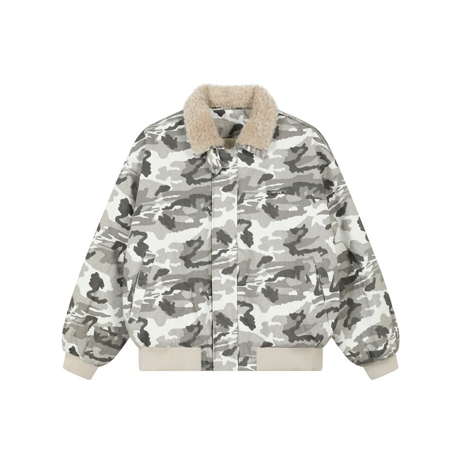 Gray-white camouflage bomber jacket with cream fleece-like collar and ribbed cuffs, flat front view