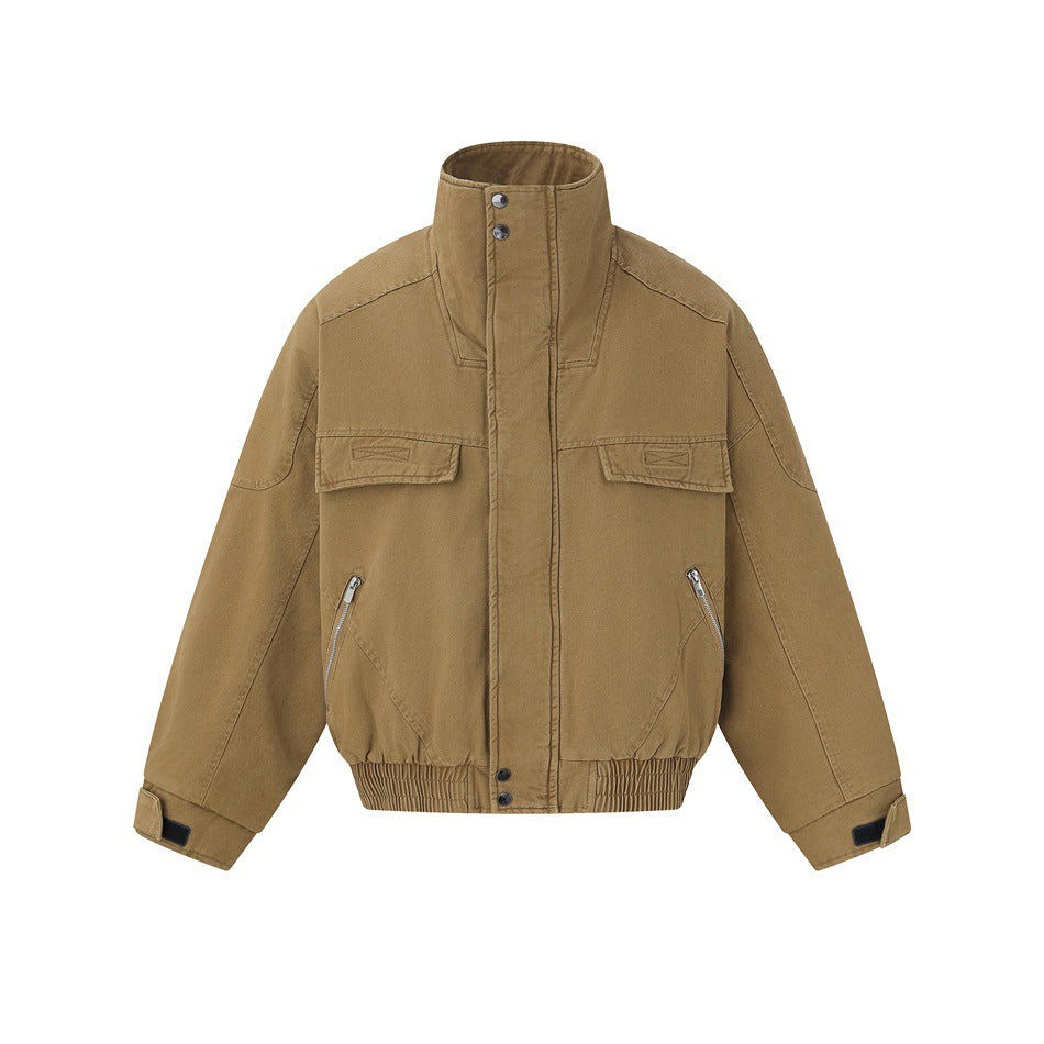 Khaki stand-collar bomber jacket flat lay, front view with chest flap pockets and diagonal zip pockets