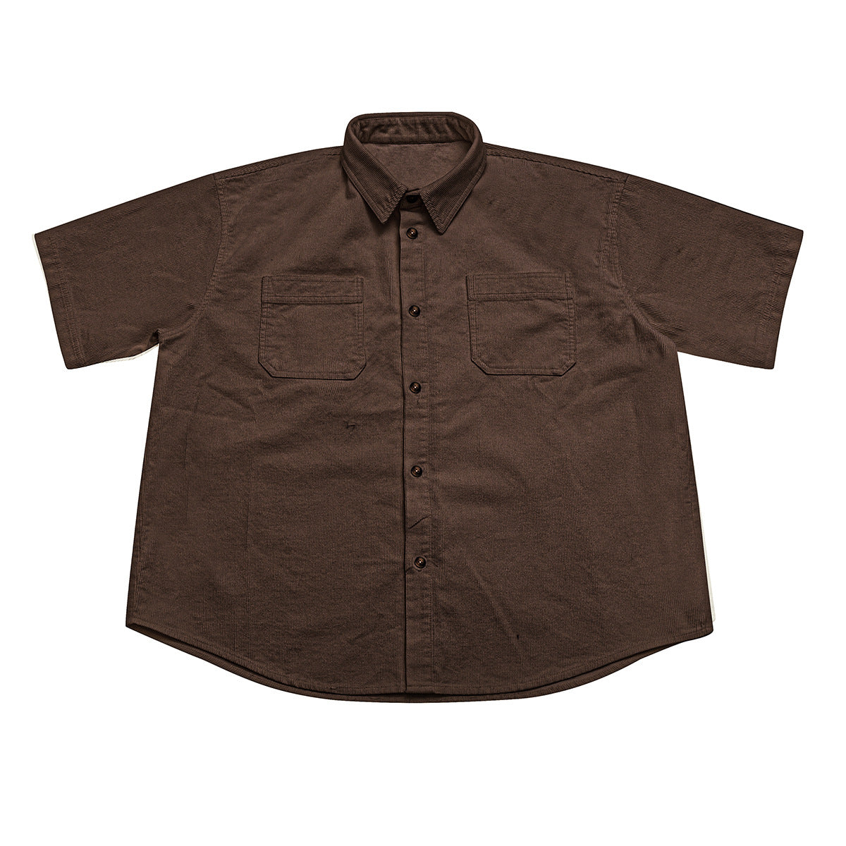 Brown short-sleeve corduroy-texture button-up shirt with two flap chest pockets, laid flat