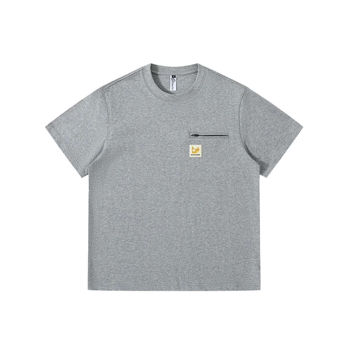 Heathered gray short-sleeve crew neck T-shirt with zip chest pocket and small square label, flat front view