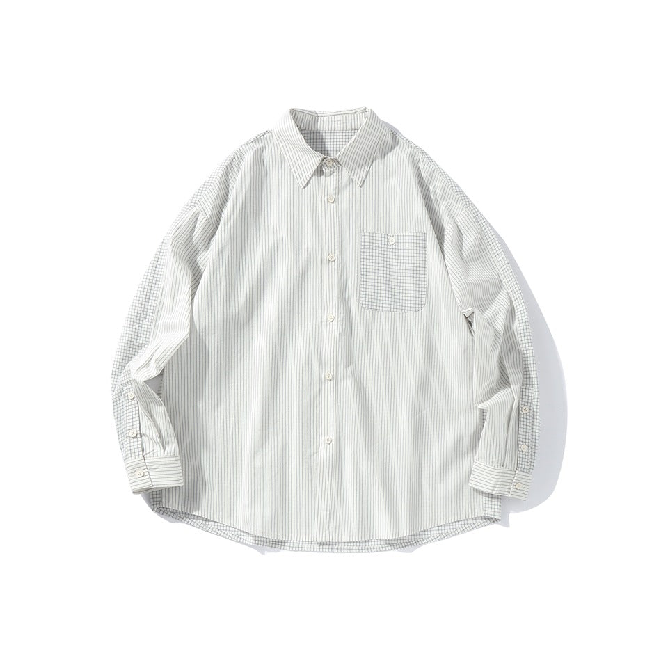 Off-white pinstriped long-sleeve button-up shirt, flat lay, with checked chest pocket and checked sleeves