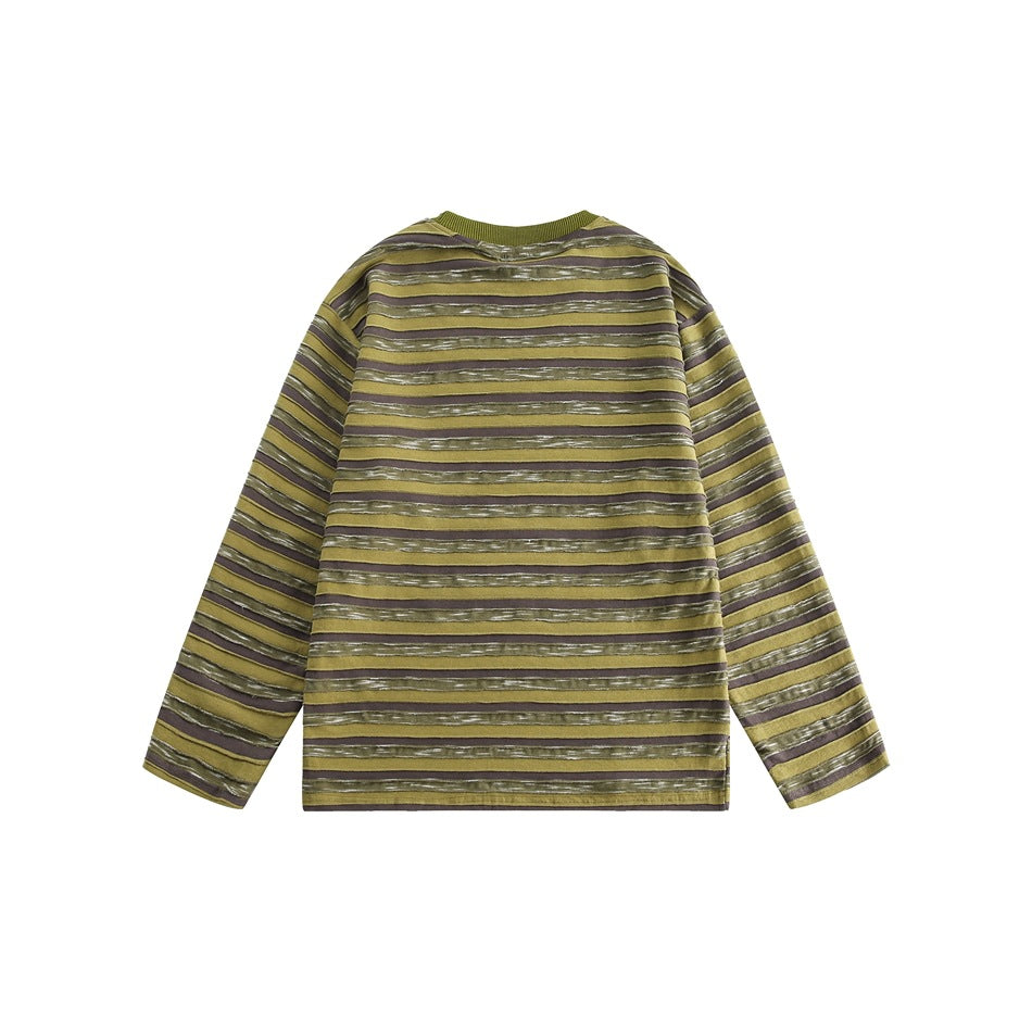 Back view of an olive, brown, and gray striped long-sleeve shirt with an olive ribbed crew neck.