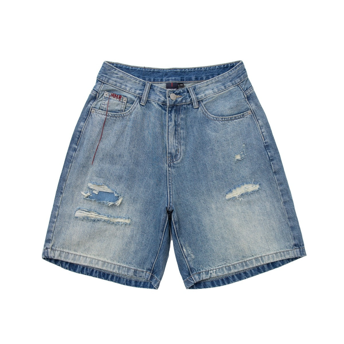 Light-blue distressed denim shorts, flat front view with ripped details, zip fly and red stitch accent