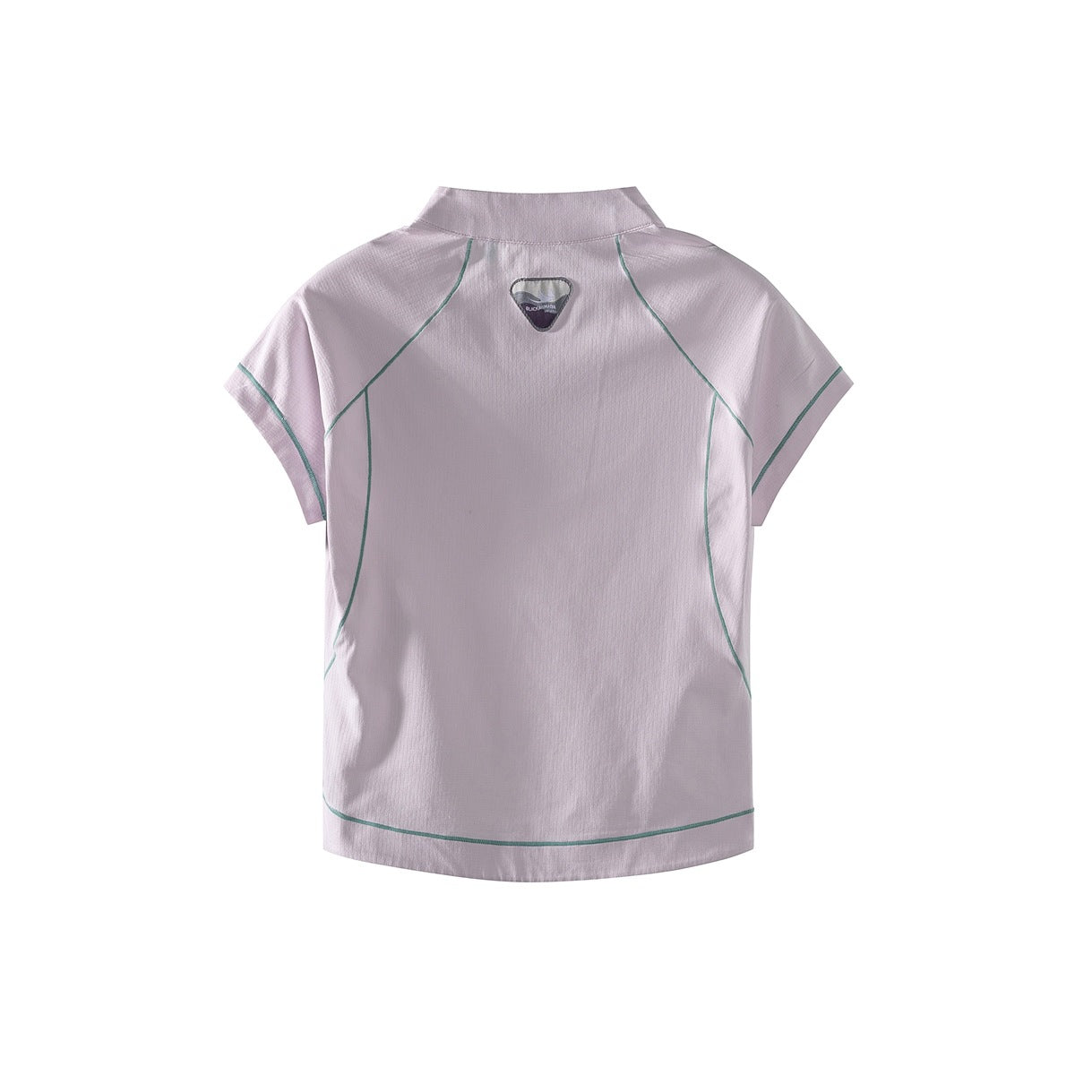 Back view of a pale lavender short-sleeve top with a stand collar, teal contrast piping, and a small upper-back patch.