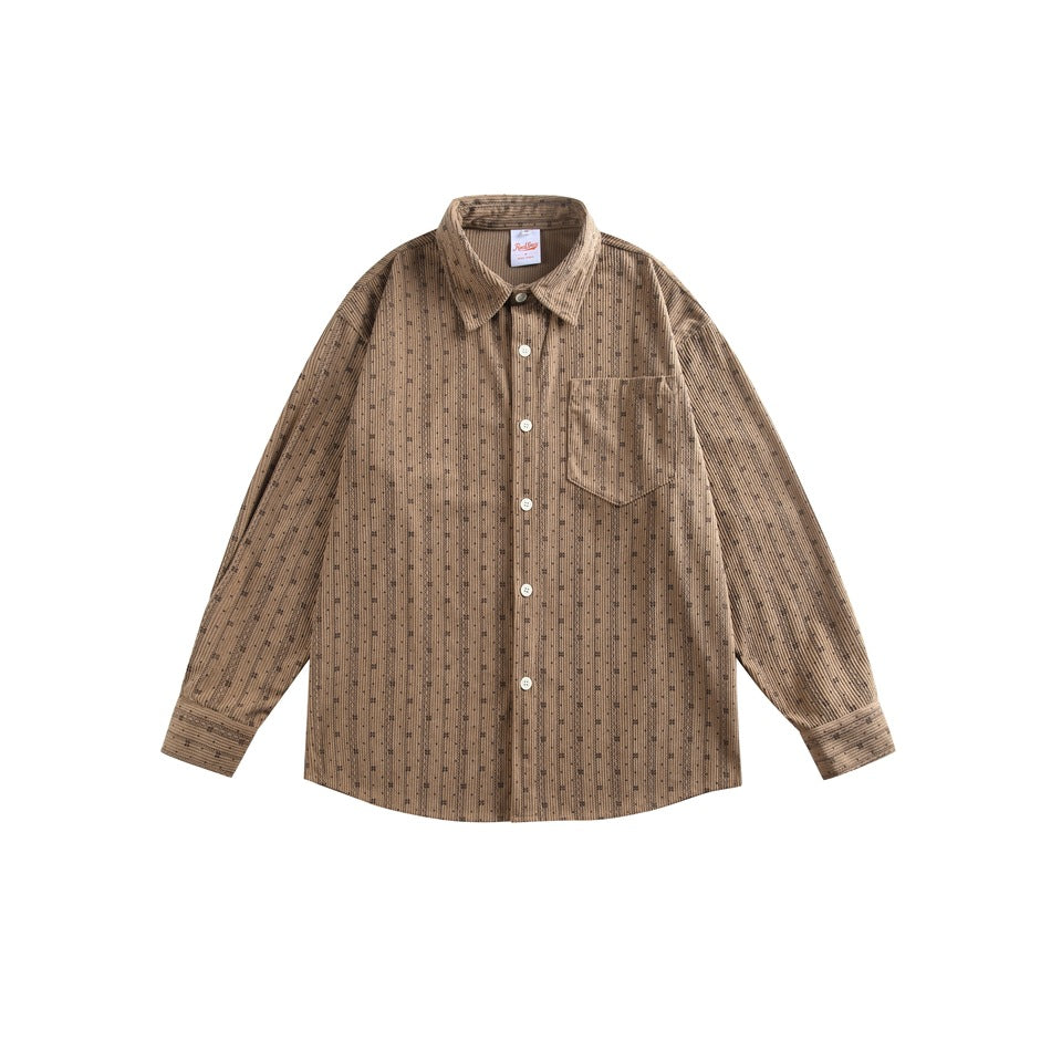 Coffee brown striped long-sleeve button-up shirt with chest pocket, flat lay front view