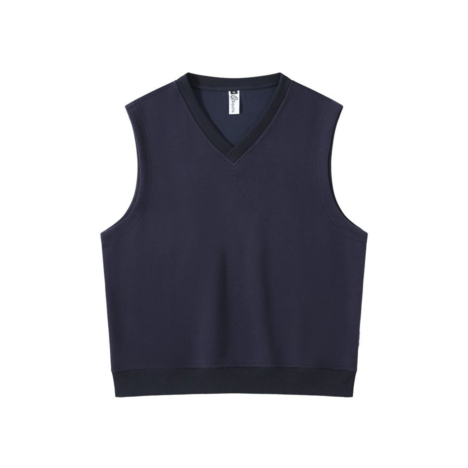 Navy sleeveless V-neck vest with ribbed neckline and hem, flat front view