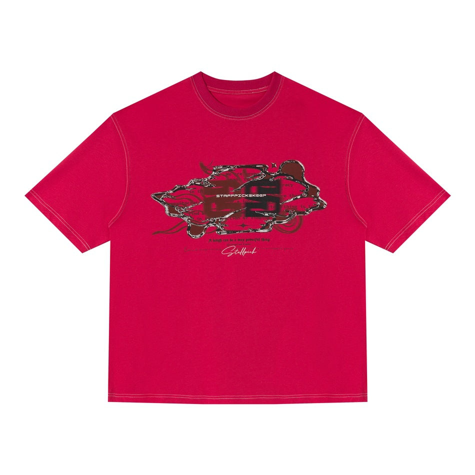 Rose red short-sleeve crewneck T-shirt with light contrast stitching and a silver and dark red chest graphic