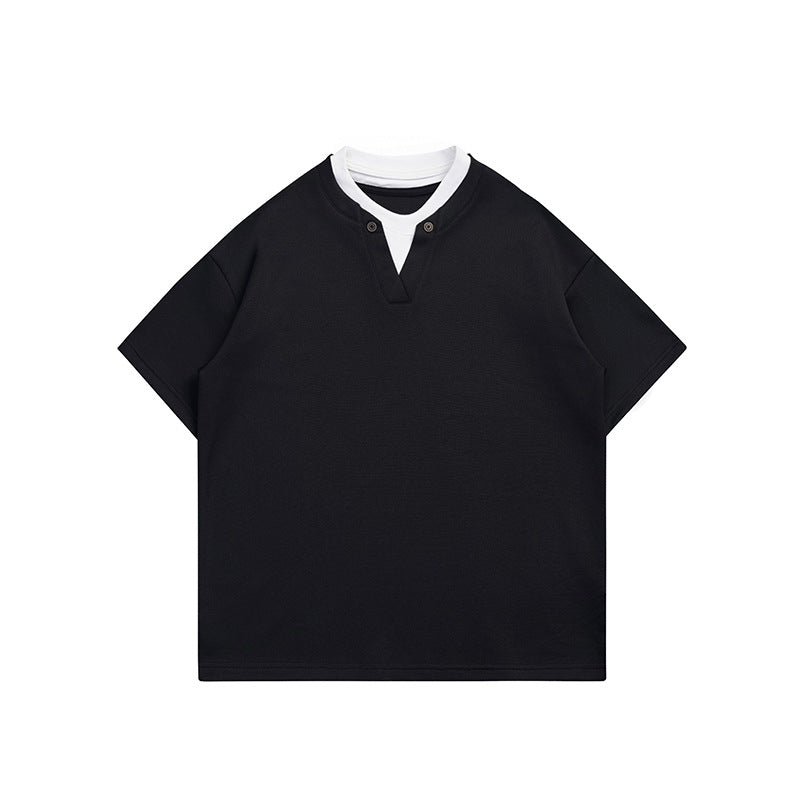 Black short-sleeve layered-look T-shirt with white inner collar and two-button V-notch neckline, flat front view
