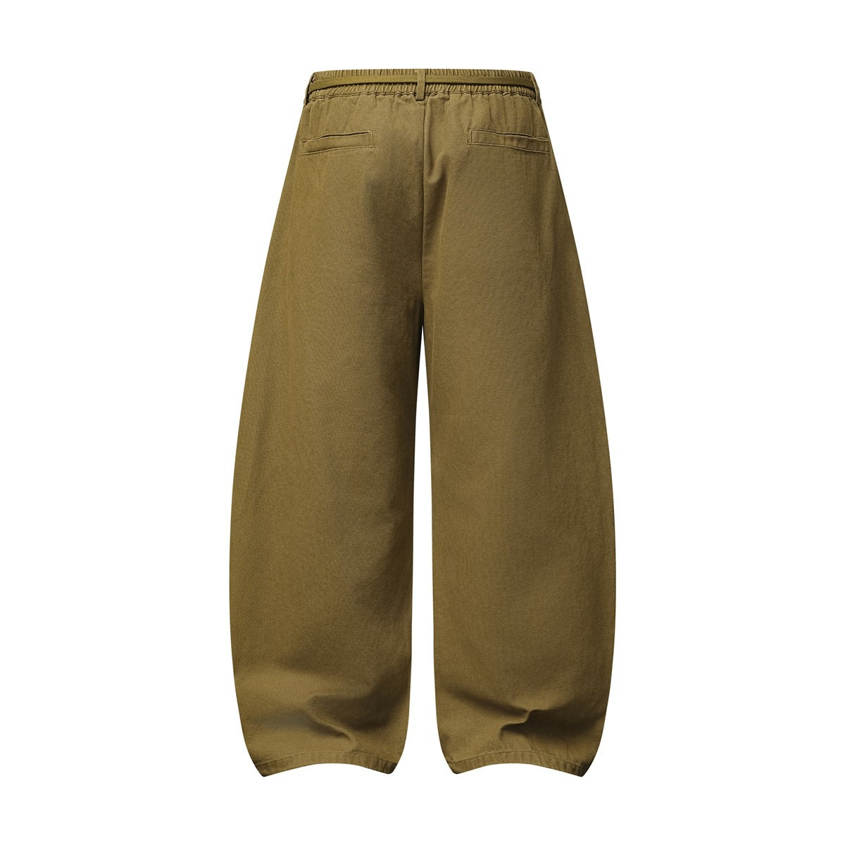 Back view of olive wide-leg trousers with an elastic waistband and two welt pockets.