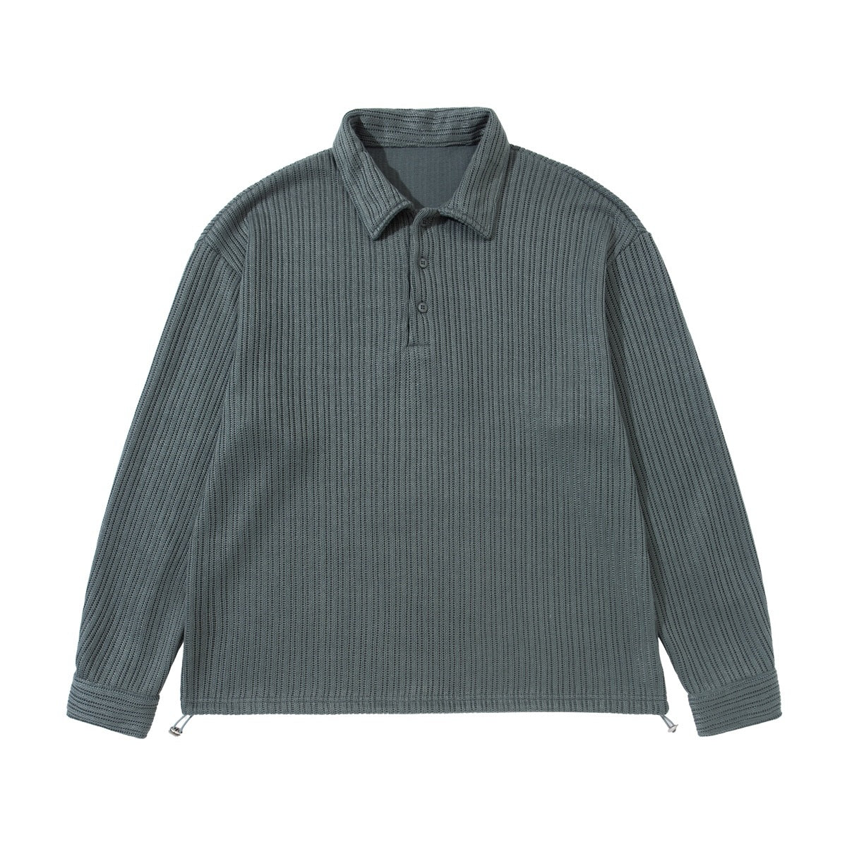 Green ribbed long-sleeve polo pullover flat lay with three-button placket and drawstring hem toggles
