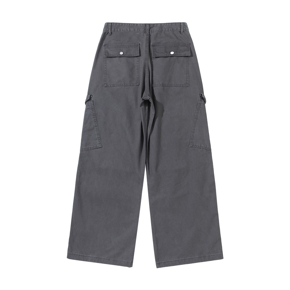 Back view of dark gray wide-leg cargo pants with two snap-flap back pockets and side cargo pockets