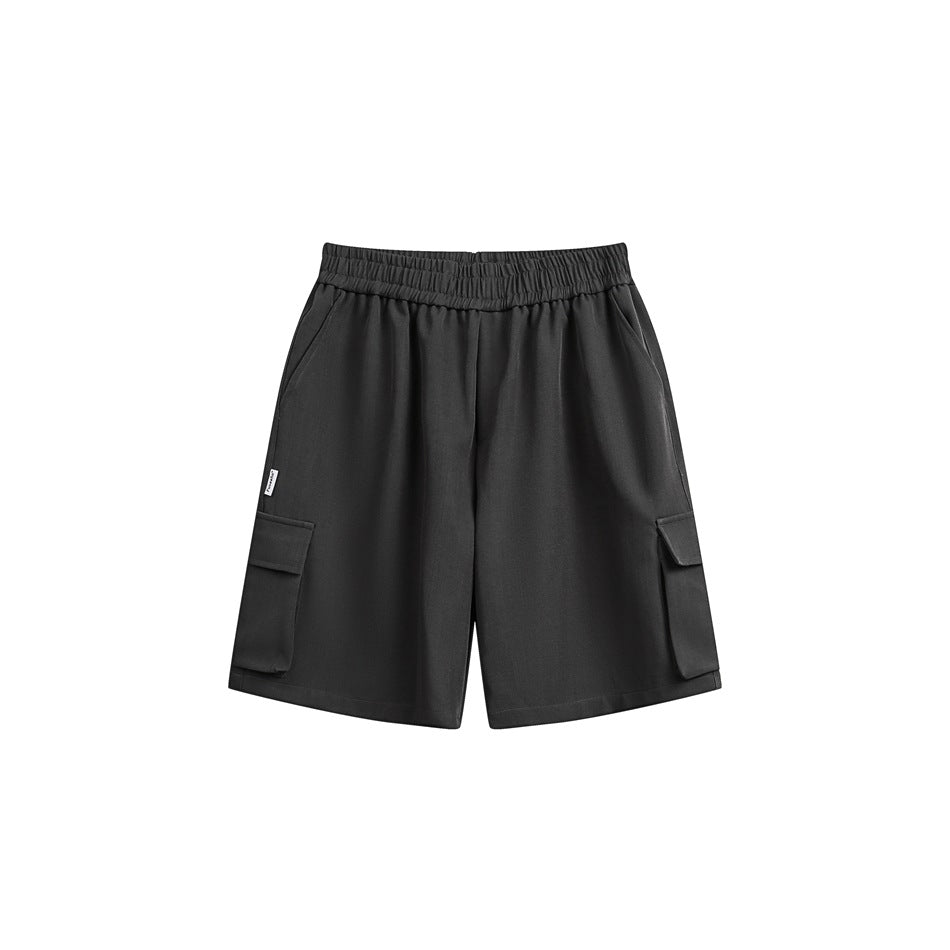 Gray knee-length cargo shorts with elastic waistband and flap side pockets, flat lay front view