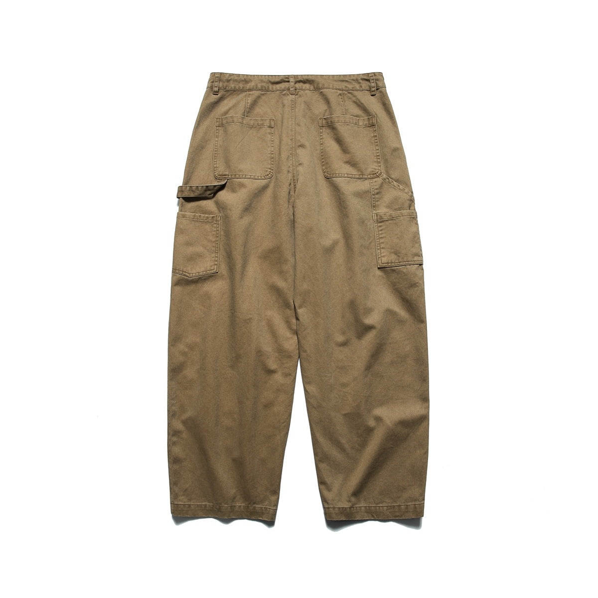 Back view of tan wide-leg utility pants with two rear pockets and large side cargo pockets.