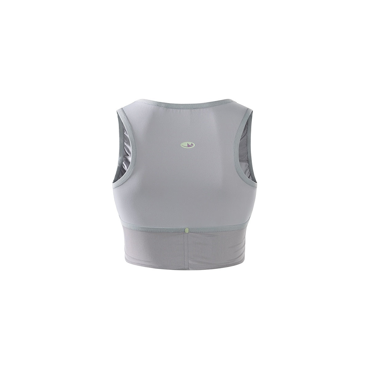 Back view of a light gray sleeveless athletic crop top with gray trim and a small oval emblem.