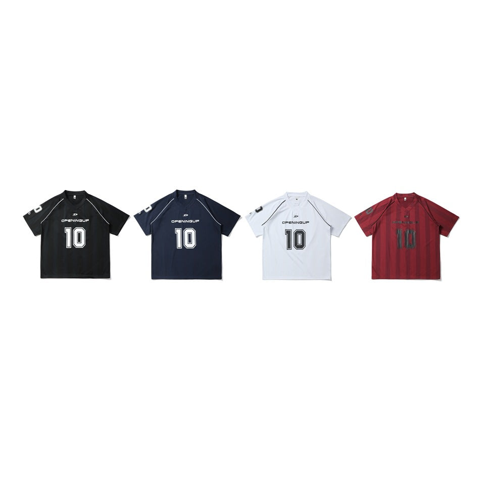 Four V-neck number 10 jersey-style tees in a row: black, navy, white and burgundy striped
