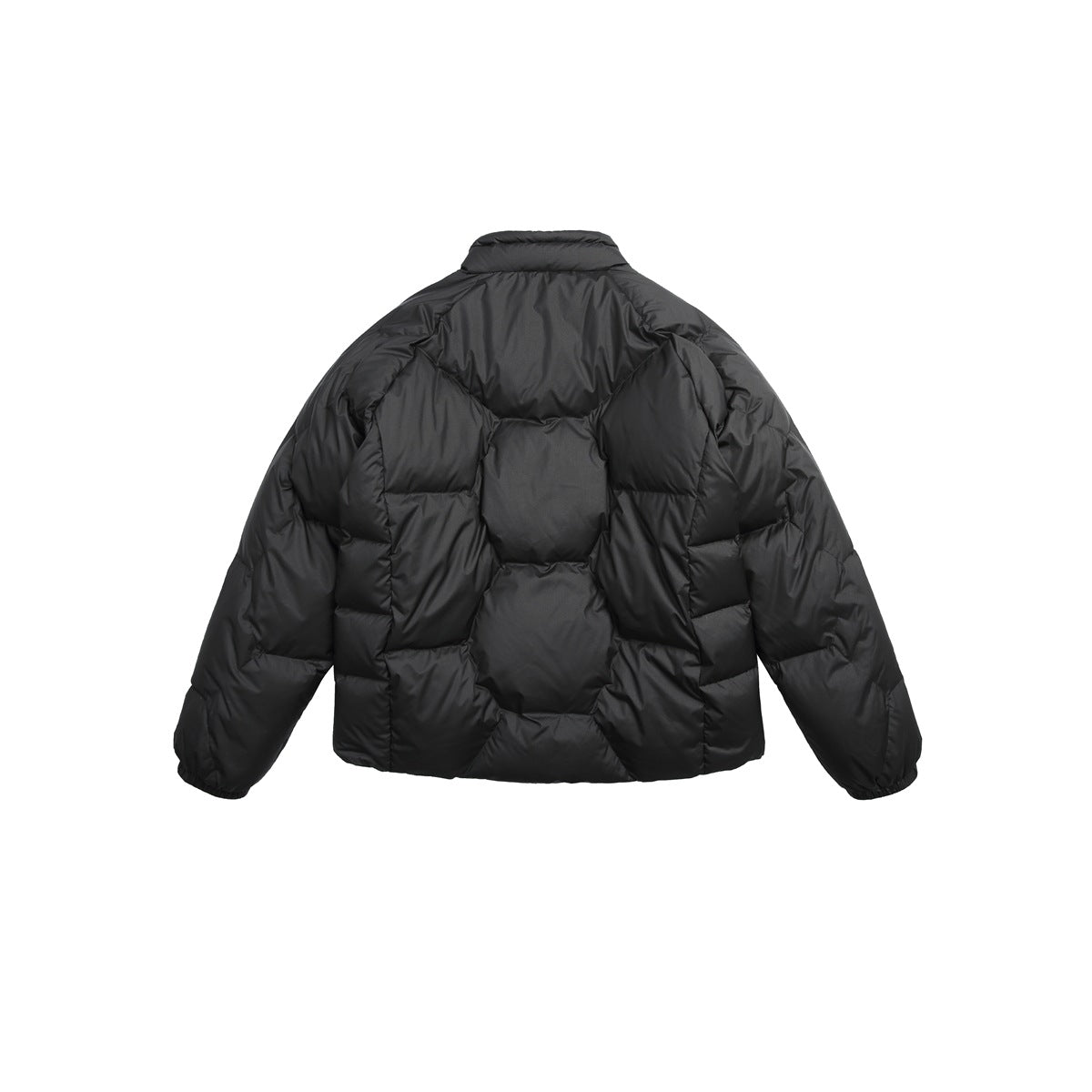Back view of a black puffer jacket with a high collar, long sleeves, and bold geometric quilting.
