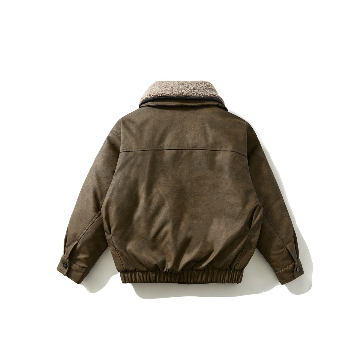 Back view of a brown jacket with a beige fleece collar, long sleeves, and an elasticized hem.