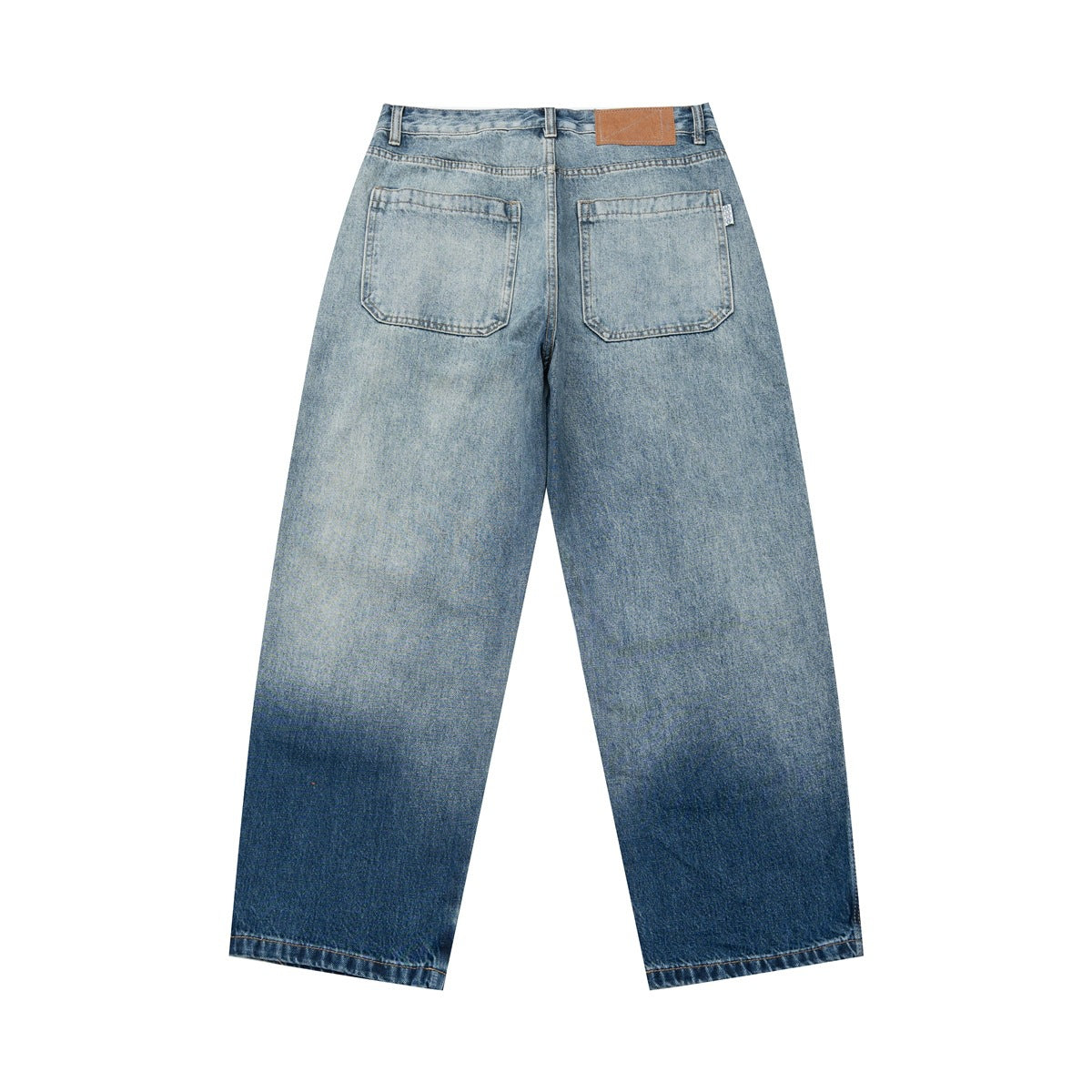 Full back view of light blue wide-leg jeans with two patch pockets and a brown waistband patch.