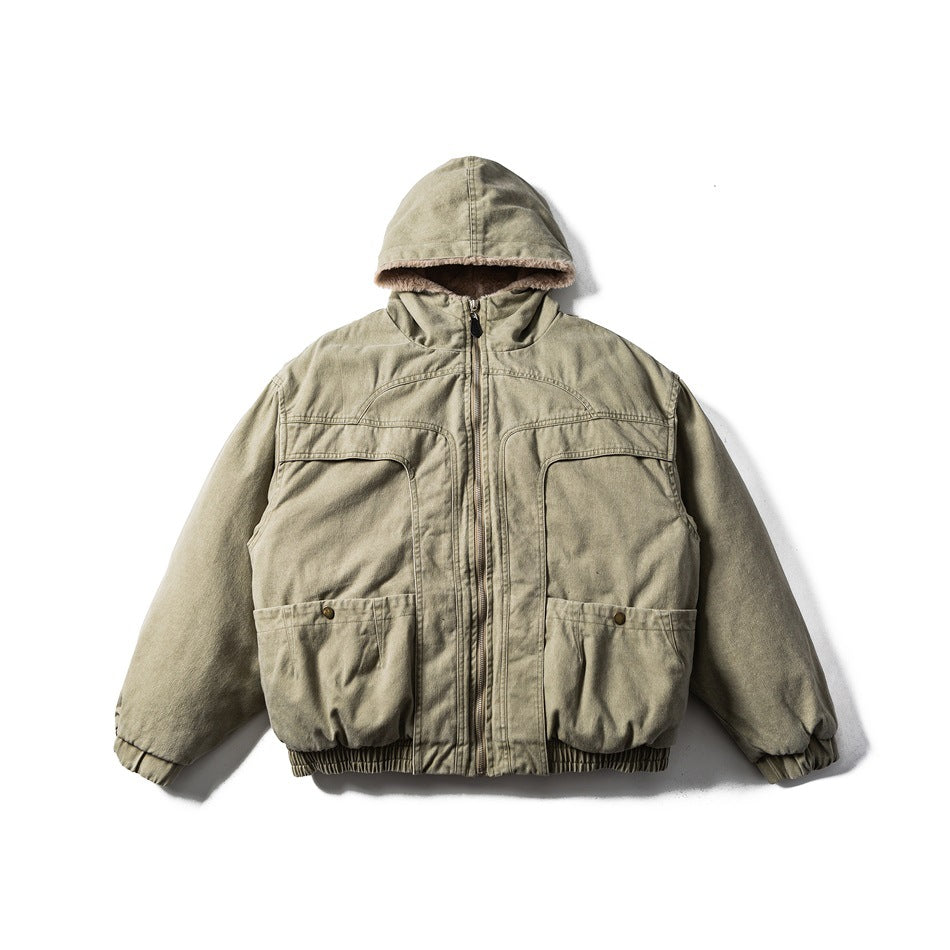 Light green hooded zip jacket with fleece-like hood lining, large patch pockets and elastic cuffs, flat lay