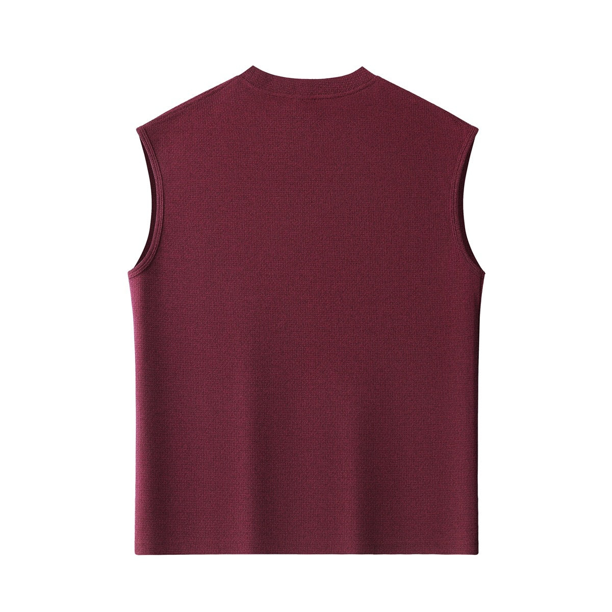 Back view of a plain burgundy sleeveless crew-neck top with bound armholes.