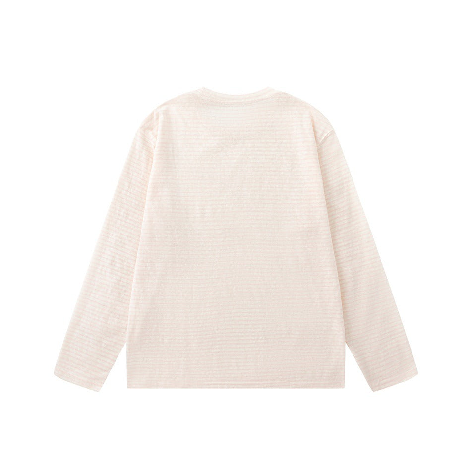 Back view of a pale pink long-sleeve shirt with fine horizontal stripes and a crew neck.