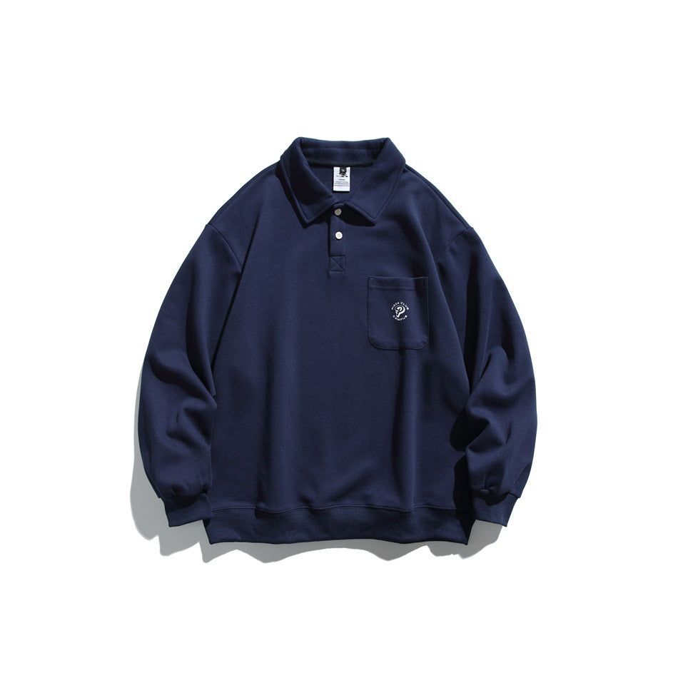 Navy long-sleeve polo-collar sweatshirt flat lay with two buttons, chest pocket and small white circular logo