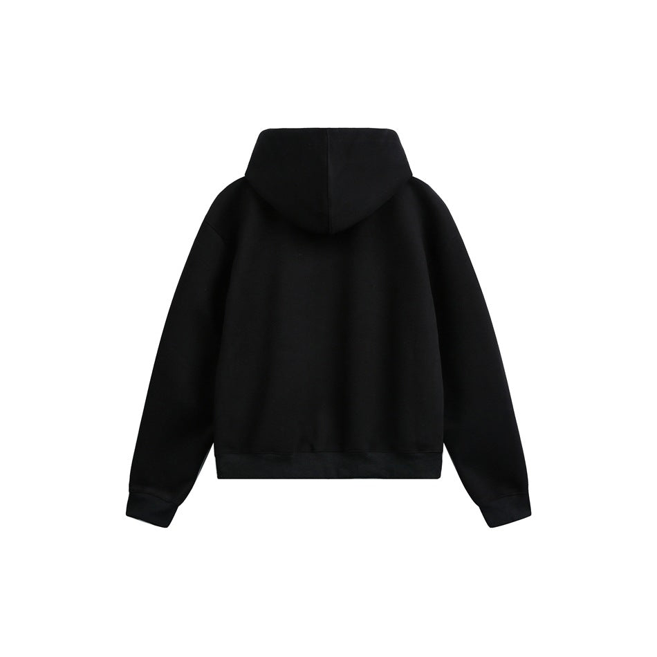 Back view of a plain black hooded sweatshirt with long sleeves, ribbed cuffs and hem, shown flat against white.