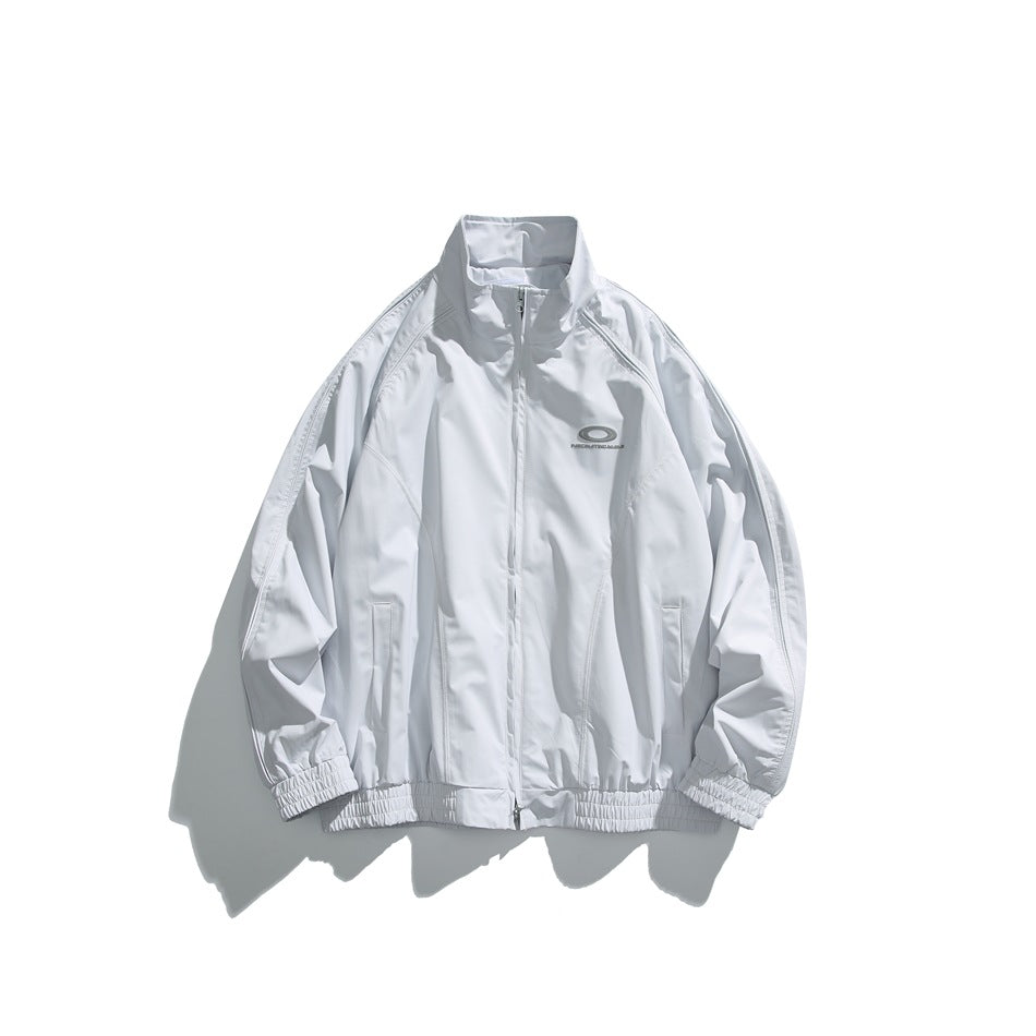 Gray-white zip-up stand-collar jacket with raglan sleeves and elastic cuffs and hem, flat lay on white