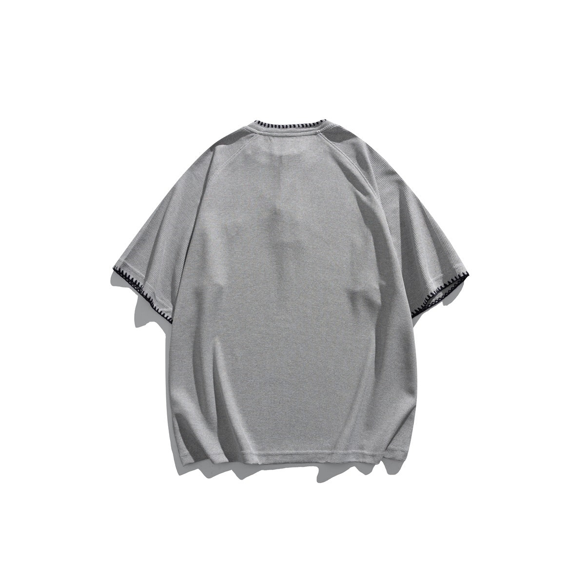 Gray short-sleeve raglan T-shirt with dark contrast stitching at the neckline and sleeve hems, flat lay back view