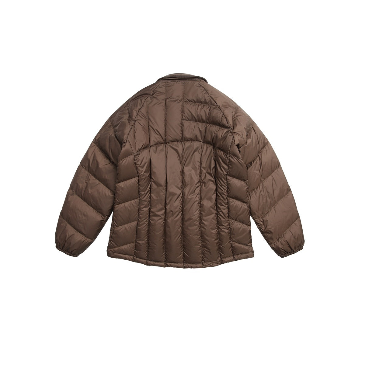 Back view of a dark brown quilted jacket with long sleeves and a curved hem, shown on white.