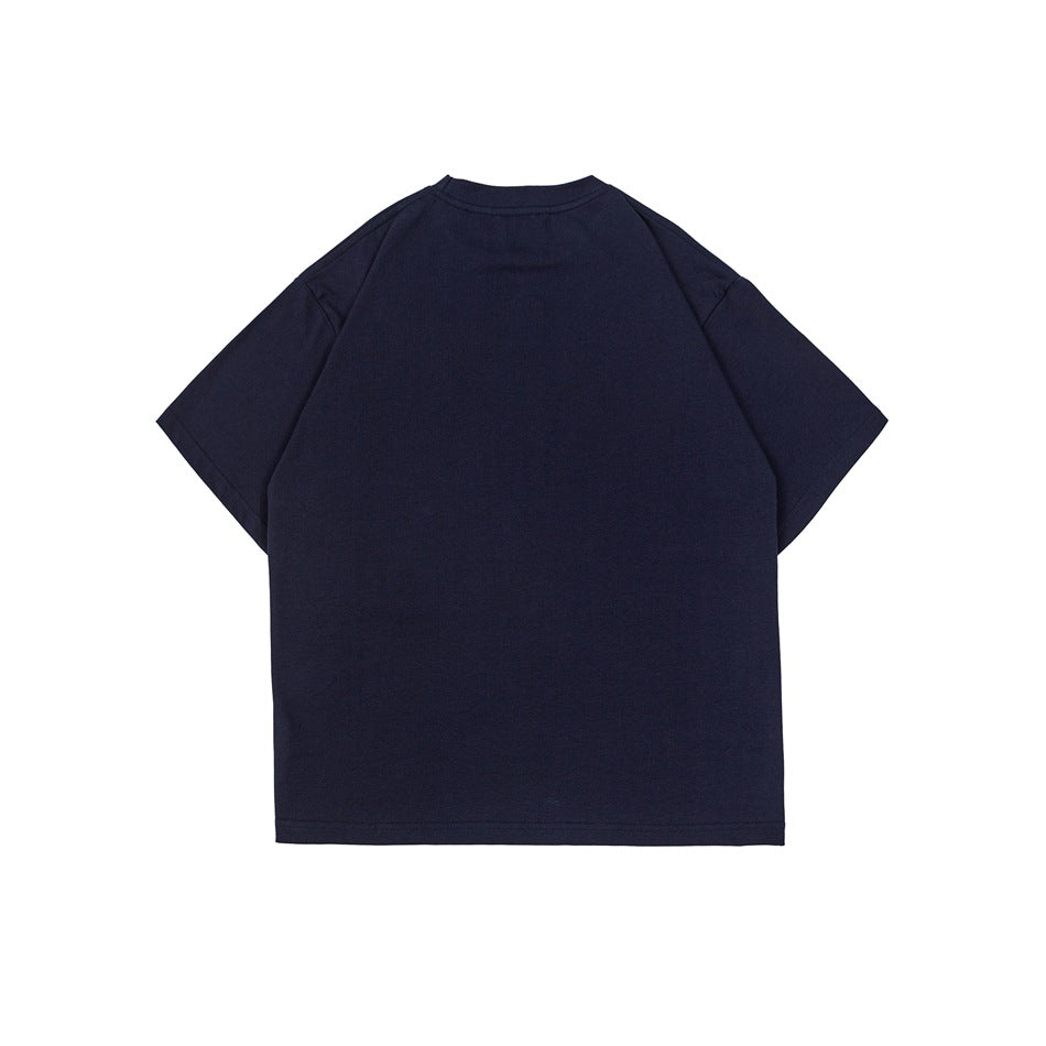Back view of a plain navy short-sleeve crew-neck T-shirt with dropped shoulders