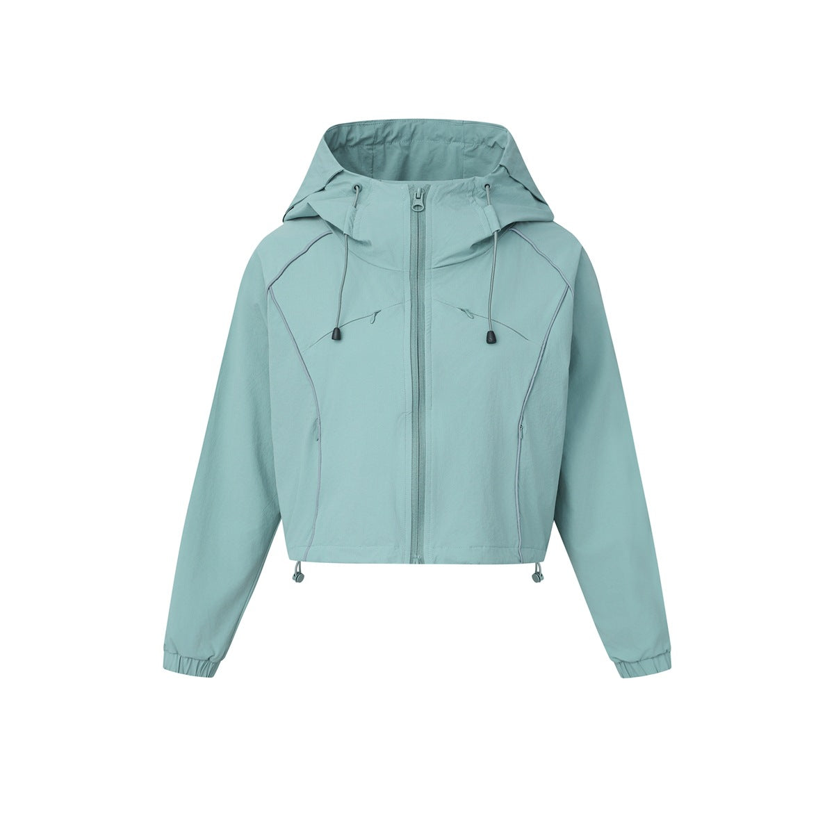 Sage green cropped hooded zip jacket with drawcord hood, piping seams, toggle hem and elastic cuffs, front view