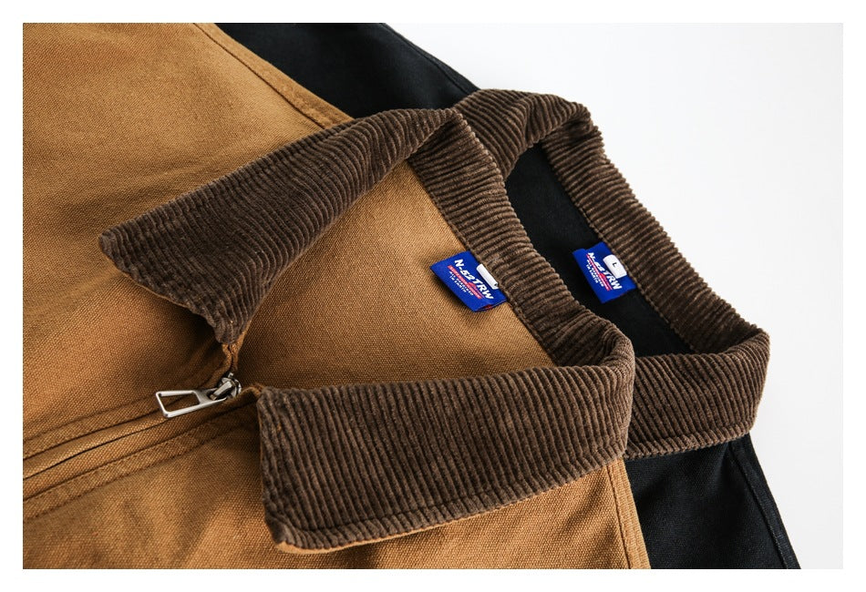 Close-up of brown and black jackets showing their brown corduroy collars and sewn-in labels.