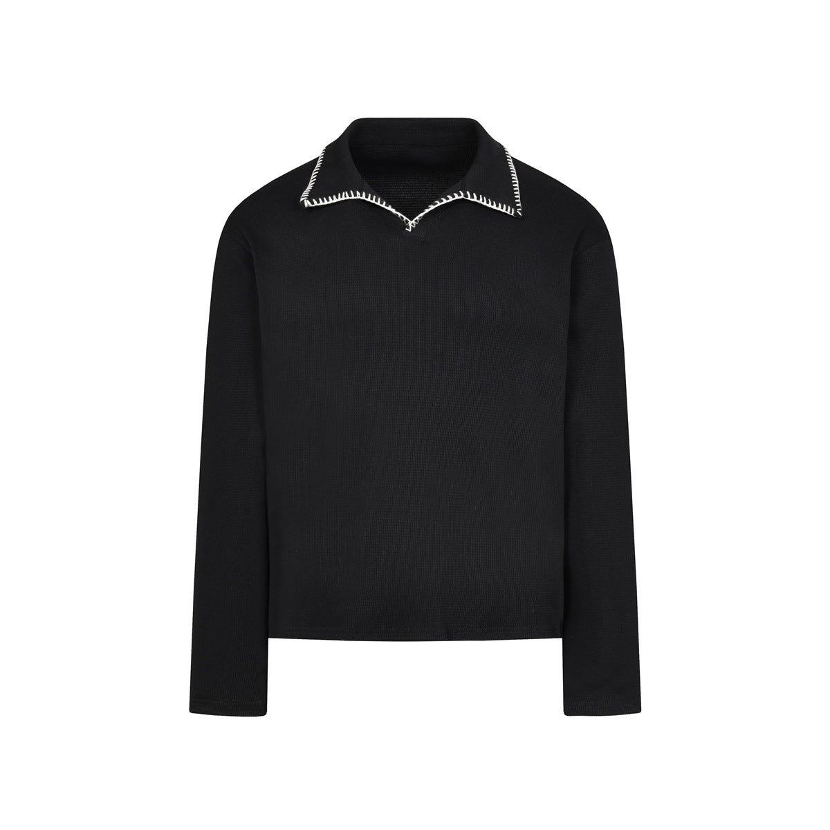 Black long-sleeve pullover with polo collar and white contrast stitching on the collar edge, flat front view