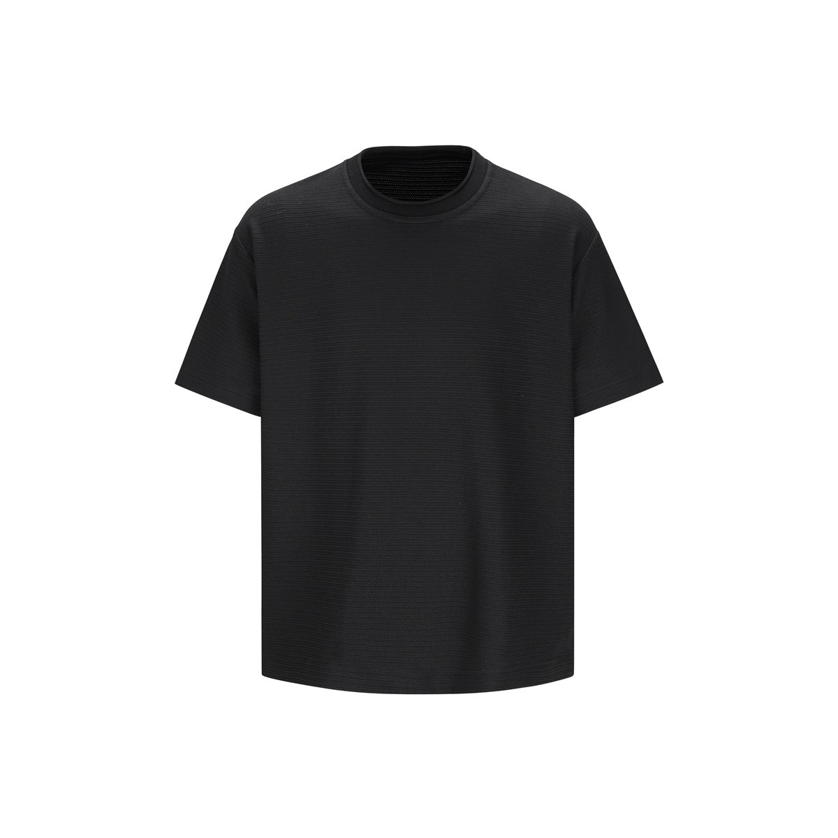 Black short-sleeve crew neck T-shirt with fine horizontal ribbed texture, front view on plain background