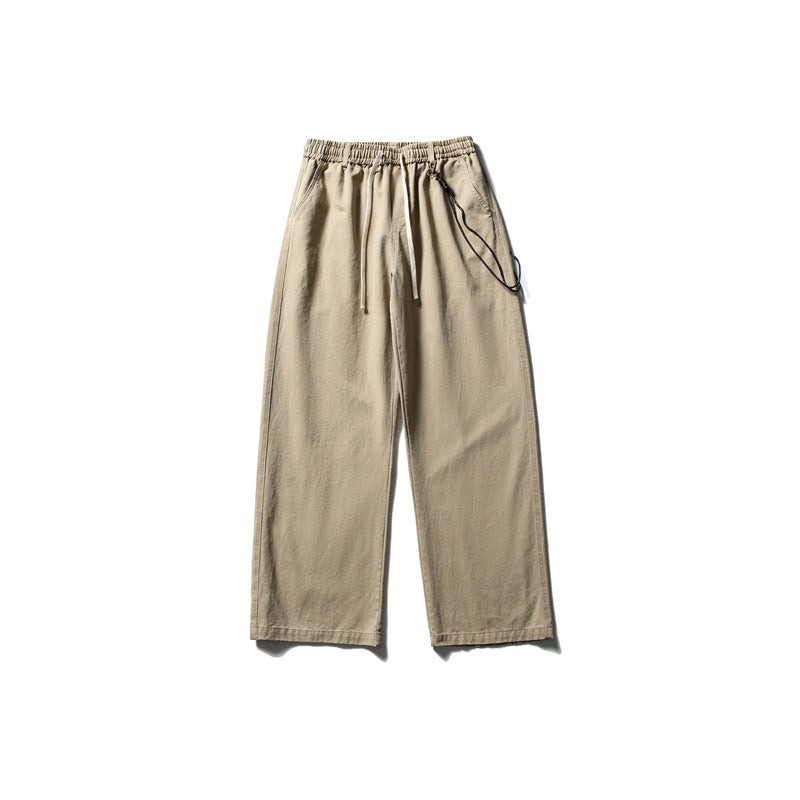 Khaki wide-leg drawstring pants with elastic waist, flat lay front view with black cord detail