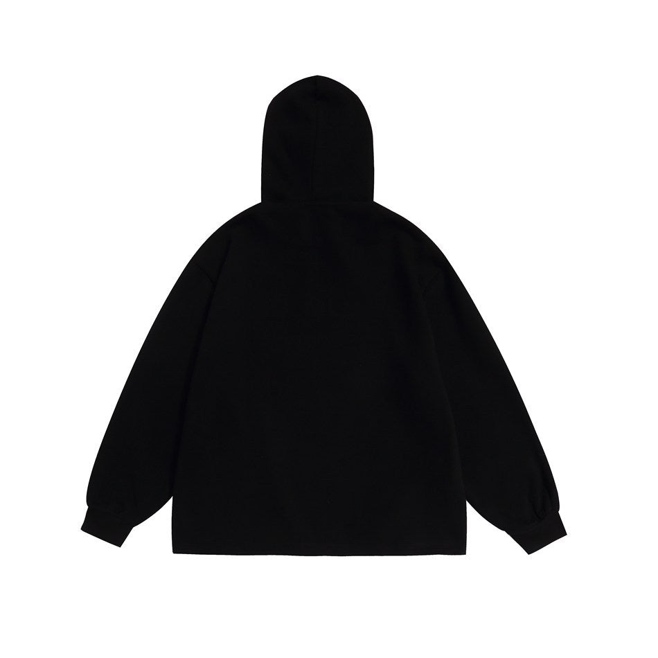 Back view of plain black hoodie with hood and ribbed cuffs, flat lay