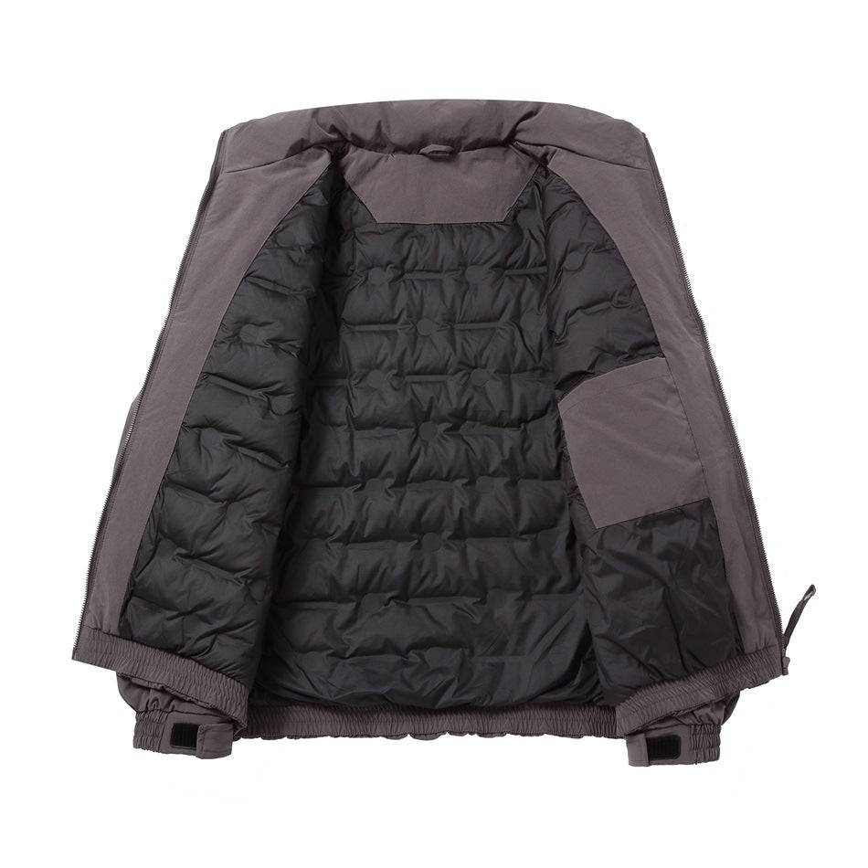 Open jacket laid flat to show its black quilted interior lining, inner pocket, and adjustable cuffs.